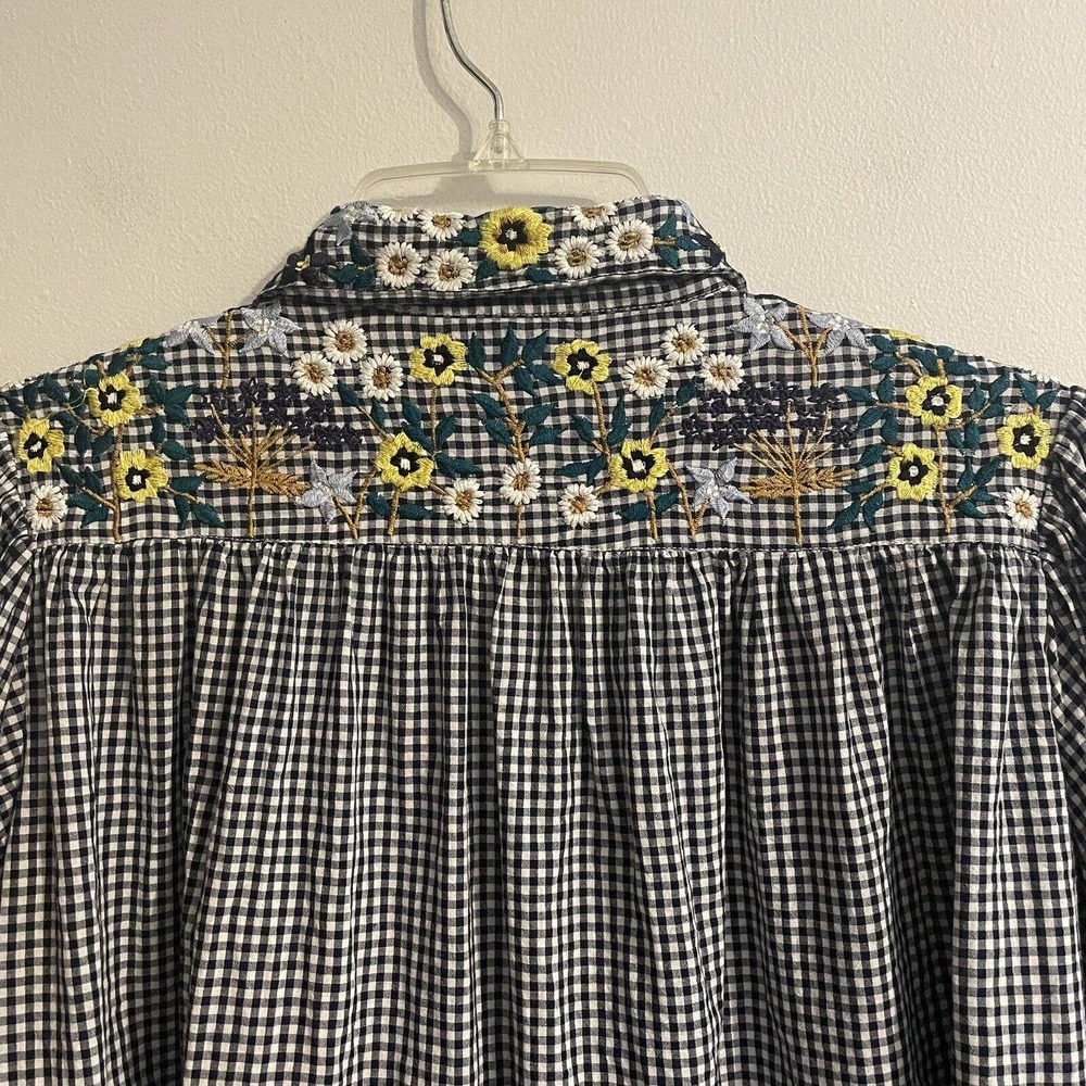 SOLD Inoui Paris XS Embroidered Gingham Check Blouse Blue White Balloon Sleev… - Picture 7 of 10